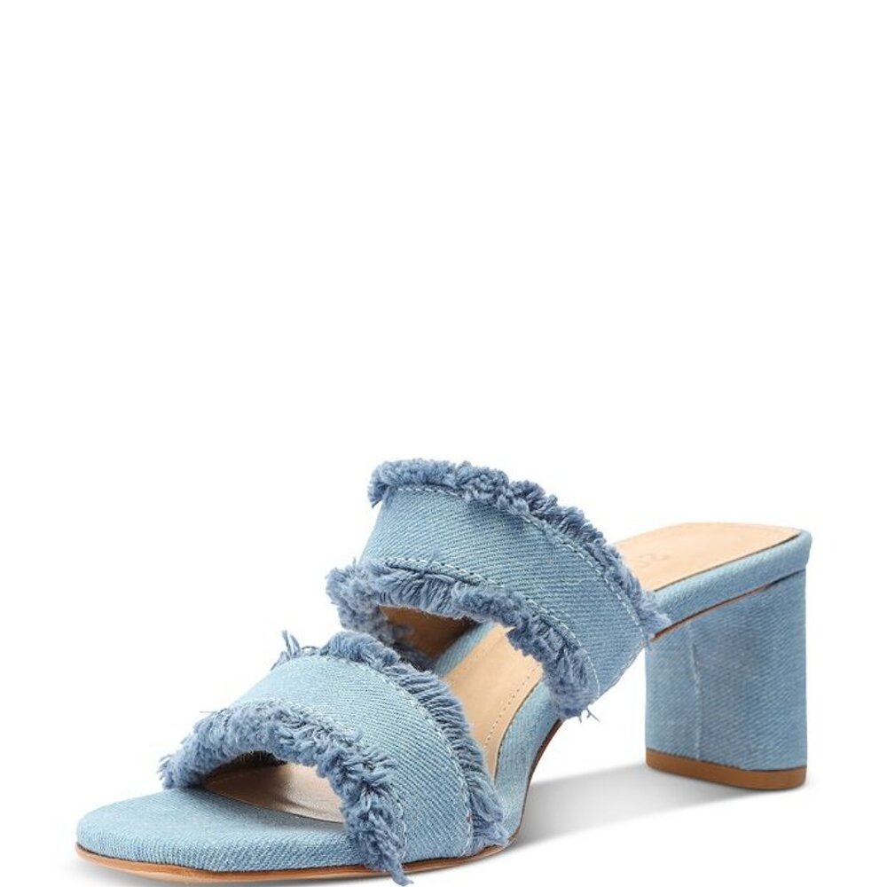 Amely Mid Block Denim Sandal with Frayed Straps | - Picture 9 of 12